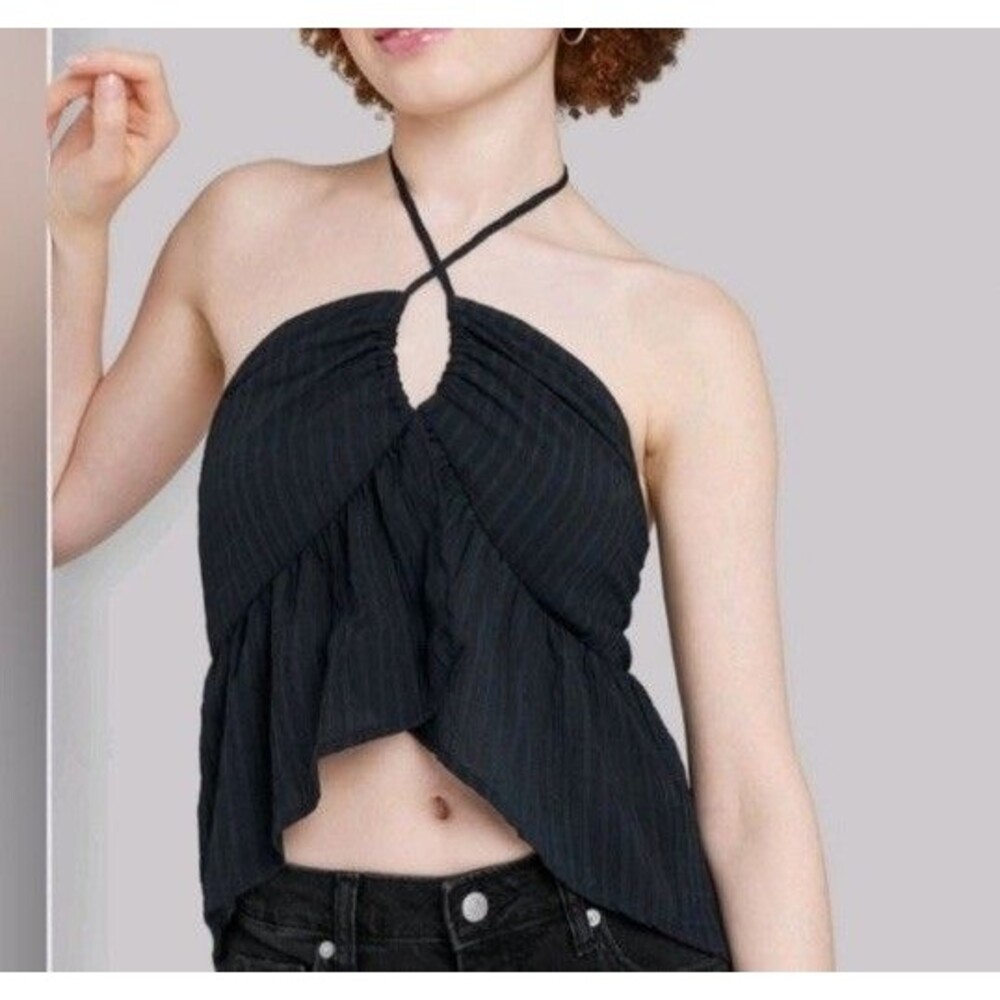 NWT Wild Fable Sexy Woven Flowy Keyhole & Neck Tie Back Black Halter Top Sz L